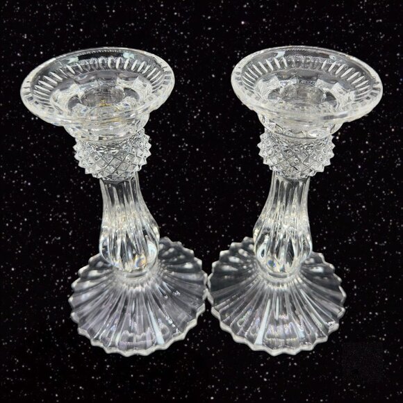 1980s Clear Crystal Diamond Point Candle Stick Holder Set 2 Candle Holder VTG - Picture 12 of 15